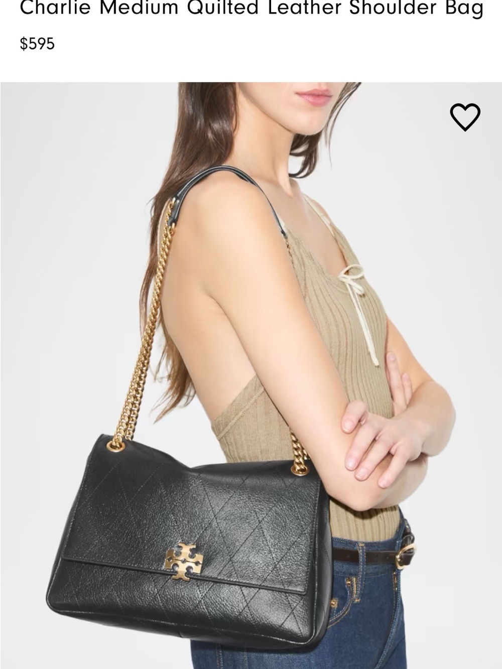 Tory Burch Black Quilted Leather Charlie Medium Shoulder Bag with Gold Hardware